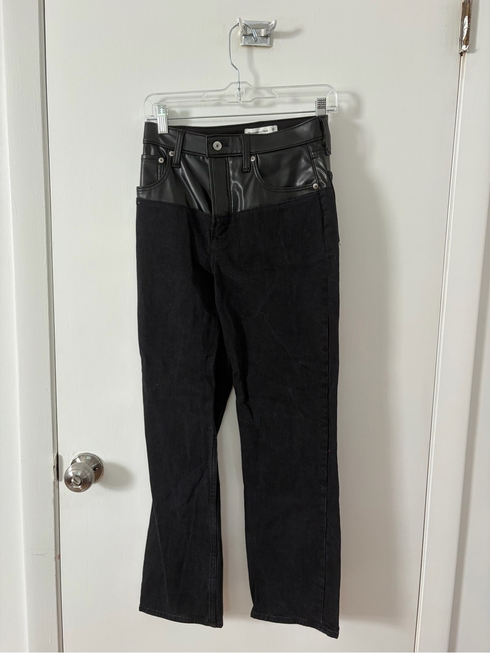 Abercrombie & Fitch Black Straight-Leg Jeans with Faux-Leather Waist